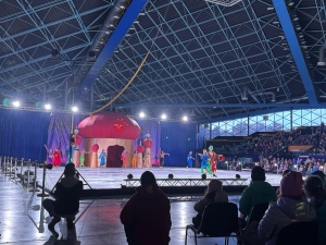 Widownia z widzami oglądającymi przedstawienie na scenie