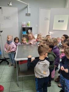 Grupa dzieci w przedszkolu obserwuje pracę stomatologa