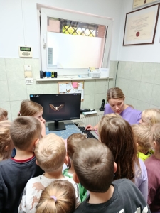 Grupa dzieci obserwuje komputer z nauczycielką w szkolnym pomieszczeniu