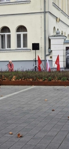 Kobieta mówi do mikrofonu na ulicy obok budynku. (Wykorzystano 49 znaków)